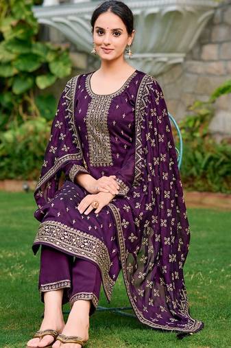 floral embroidered zari round neck straight kurta with trousers & dupatta