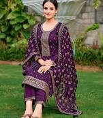 floral embroidered zari round neck straight kurta with trousers & dupatta
