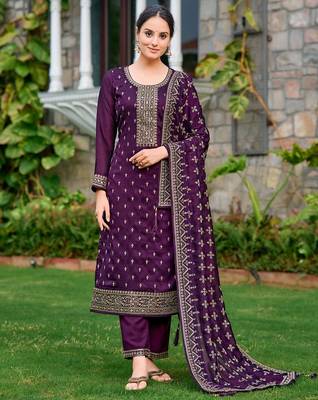 floral embroidered zari round neck straight kurta with trousers & dupatta 2