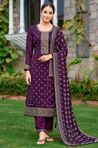 floral embroidered zari round neck straight kurta with trousers & dupatta