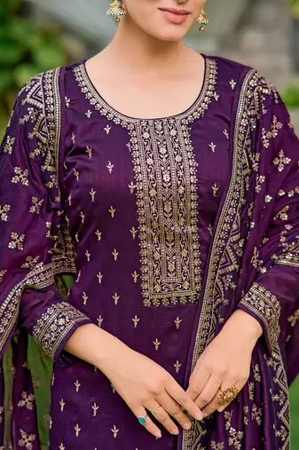 floral embroidered zari round neck straight kurta with trousers & dupatta