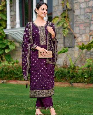 floral embroidered zari round neck straight kurta with trousers & dupatta 6