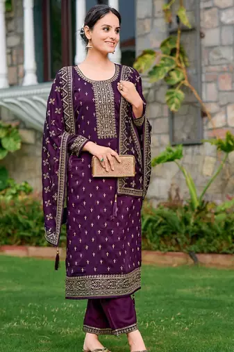floral embroidered zari round neck straight kurta with trousers & dupatta