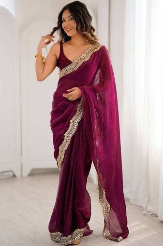 Purple embellished sequinned satin heavy work saree