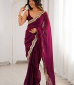 Purple embellished sequinned satin heavy work saree