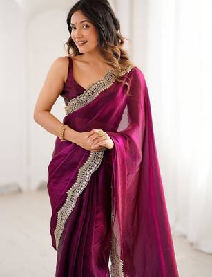 Purple embellished sequinned satin heavy work saree 2