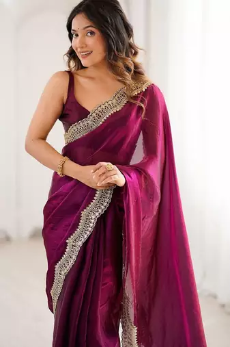 Purple embellished sequinned satin heavy work saree