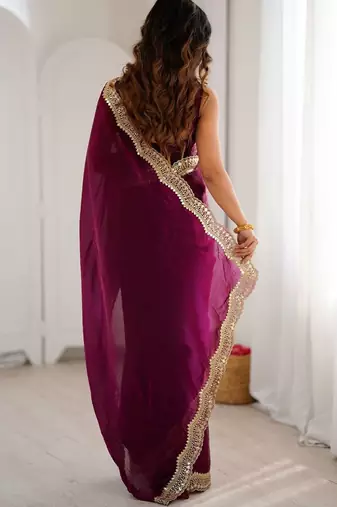 Purple embellished sequinned satin heavy work saree
