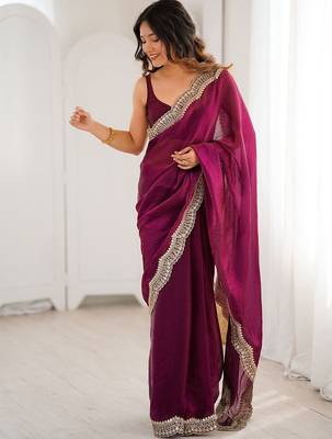 Purple embellished sequinned satin heavy work saree 4