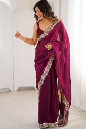 Purple embellished sequinned satin heavy work saree