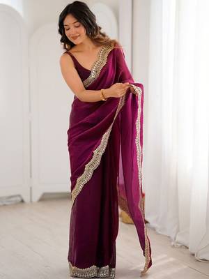 Purple embellished sequinned satin heavy work saree 5