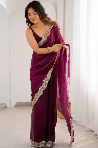 Purple embellished sequinned satin heavy work saree