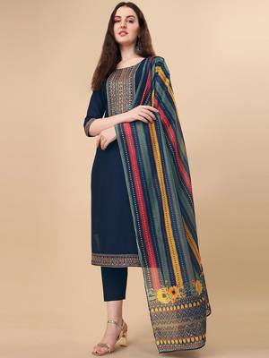 floral embroidered thread work chanderi cotton kurta with trousers & dupatta 1