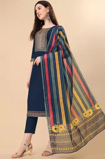 floral embroidered thread work chanderi cotton kurta with trousers & dupatta