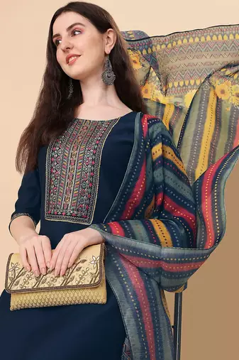 floral embroidered thread work chanderi cotton kurta with trousers & dupatta