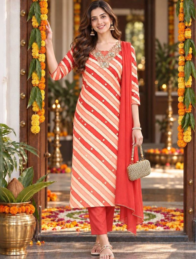 printed v-neck sequinned chanderi cotton kurta with trousers & dupatta