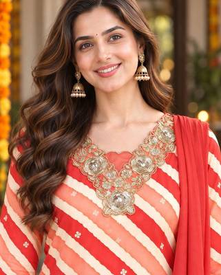 printed v-neck sequinned chanderi cotton kurta with trousers & dupatta 2