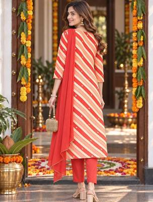 printed v-neck sequinned chanderi cotton kurta with trousers & dupatta 3