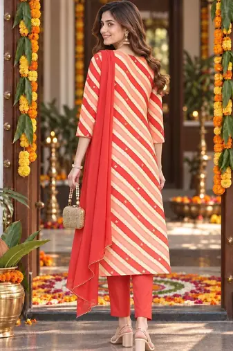 printed v-neck sequinned chanderi cotton kurta with trousers & dupatta