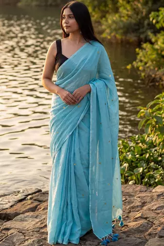 Turquoise embellished sequinned  cotton khadi saree