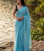 Turquoise embellished sequinned  cotton khadi saree