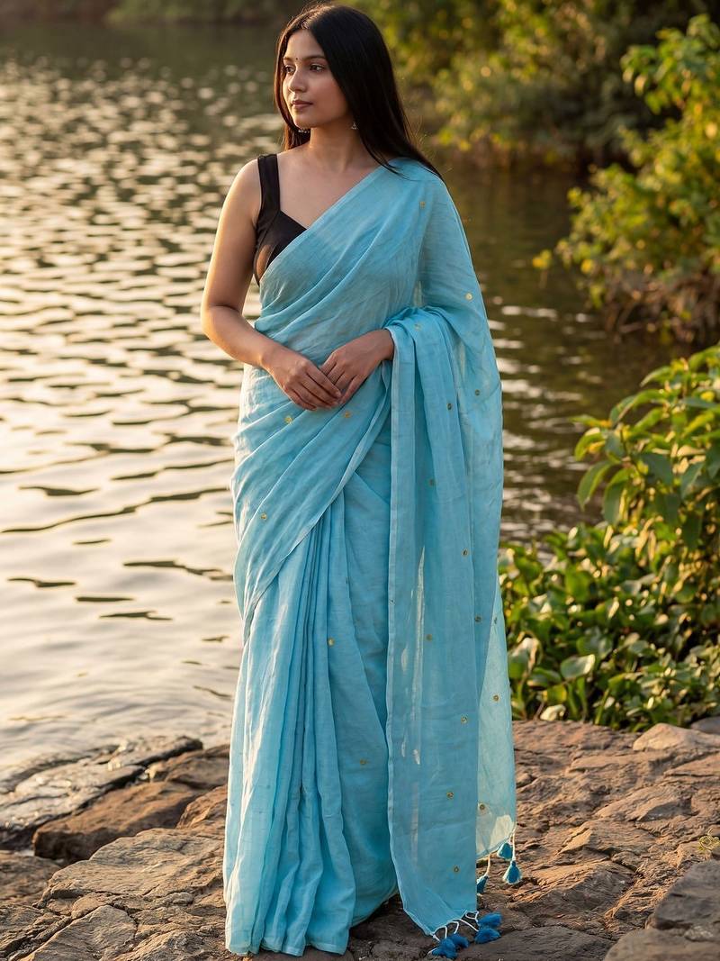 Turquoise embellished sequinned  cotton khadi saree