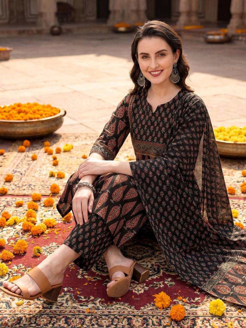 women ethnic motifs printed regular  cotton kurta with trousers & with dupatta