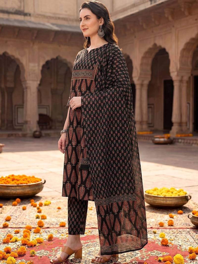 women ethnic motifs printed regular  cotton kurta with trousers & with dupatta