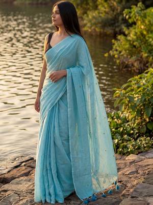 Turquoise embellished sequinned  cotton khadi saree 2