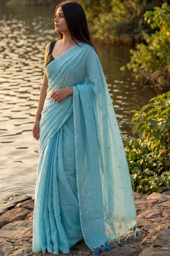 Turquoise embellished sequinned  cotton khadi saree