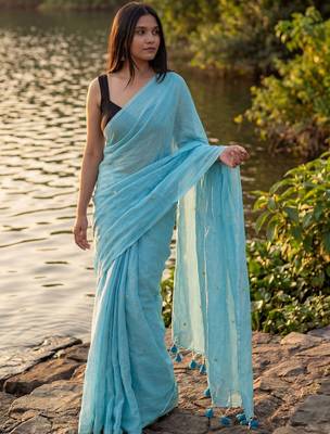 Turquoise embellished sequinned  cotton khadi saree 3