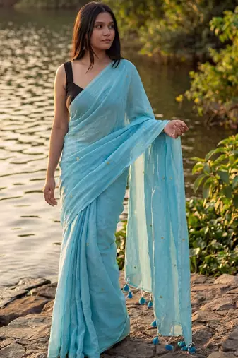 Turquoise embellished sequinned  cotton khadi saree