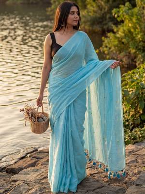Turquoise embellished sequinned  cotton khadi saree 4