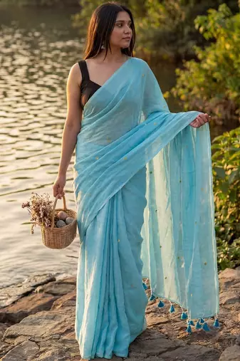 Turquoise embellished sequinned  cotton khadi saree