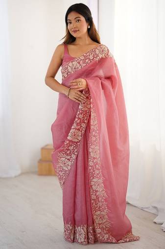 Pink floral embroidered tissue saree