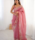 Pink floral embroidered tissue saree