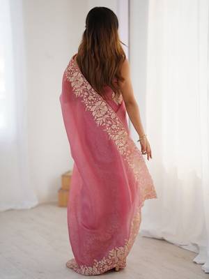 Pink floral embroidered tissue saree 2