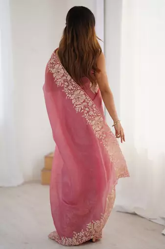 Pink floral embroidered tissue saree