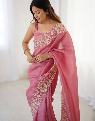 Pink floral embroidered tissue saree 3