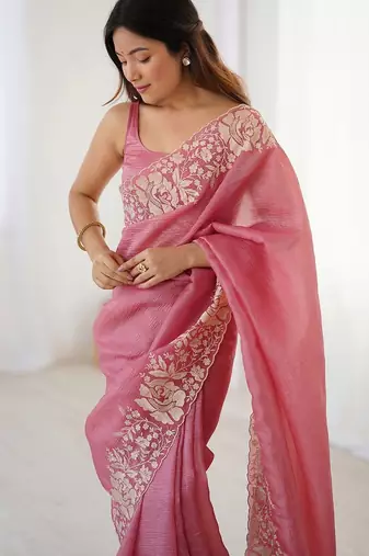 Pink floral embroidered tissue saree