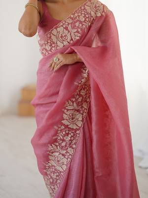 Pink floral embroidered tissue saree 4