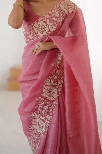 Pink floral embroidered tissue saree