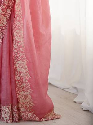 Pink floral embroidered tissue saree 5