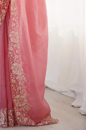 Pink floral embroidered tissue saree