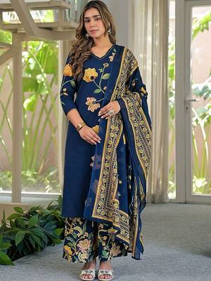 women floral printed regular mirror work  cotton kurta with palazzos & with dupatta 1