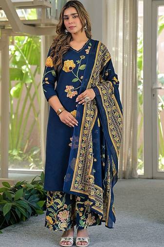 women floral printed regular mirror work  cotton kurta with palazzos & with dupatta