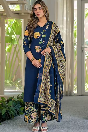 women floral printed regular mirror work  cotton kurta with palazzos & with dupatta