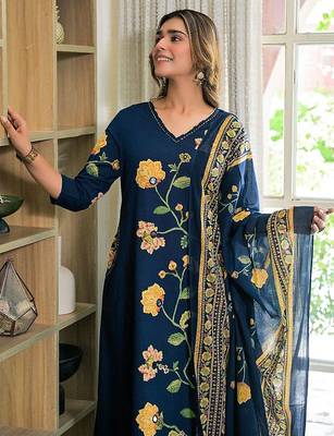women floral printed regular mirror work  cotton kurta with palazzos & with dupatta 2
