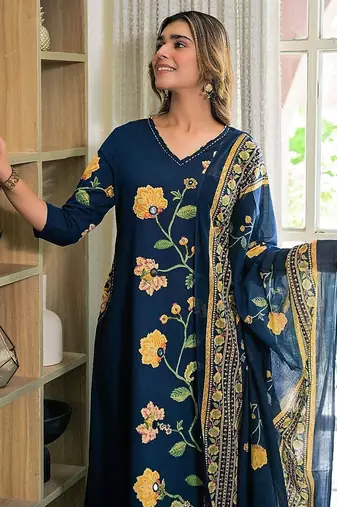 women floral printed regular mirror work  cotton kurta with palazzos & with dupatta
