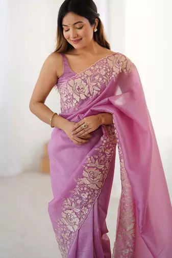 Purple floral embroidered tissue saree